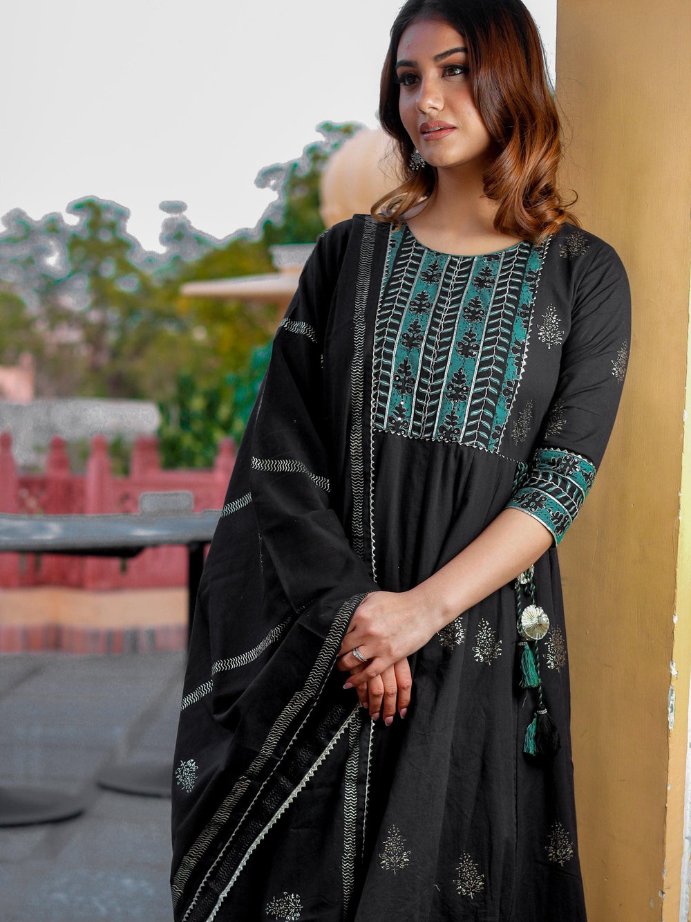Divena Black Cotton Anarkali Kurta Pant Set with Dupatta - divenaworld.com